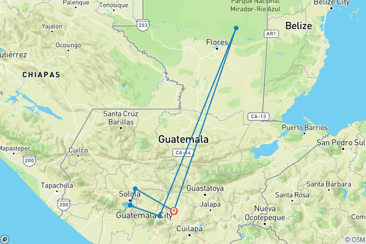 Map of 8 days Mayan Route Guatemala