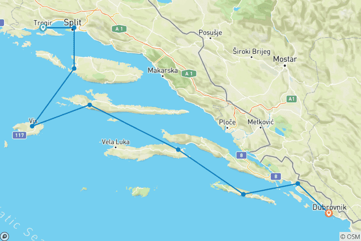 Carte du circuit Croisière aller simple de Split/Trogir à Dubrovnik, K260, MS Prestige 2027