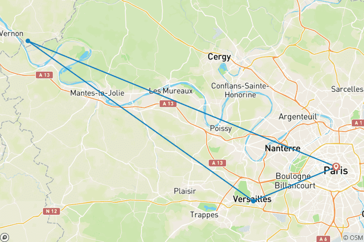 Carte du circuit 5 jours d'art, de jardins et de splendeur royale : Paris, Giverny et Versailles