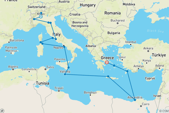 Map of Icons of Italy, the Greek Isles & Egypt - Cruise & Land Journey