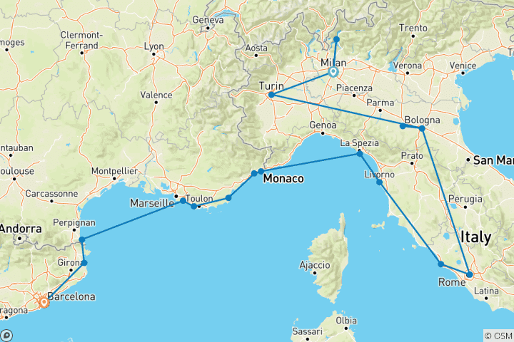Mapa de Iconos de Italia y la Costa Azul - Viaje en Crucero y por Tierra