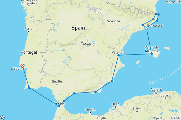Carte du circuit Catalogne, Ibérie et Maroc - Croisière et voyage à terre