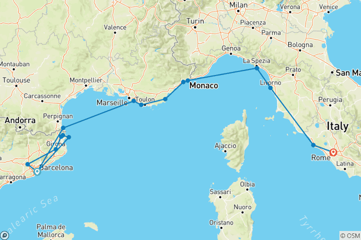 Kaart van Catalonië, Italië & de Franse Rivièra - Cruise & Landreis