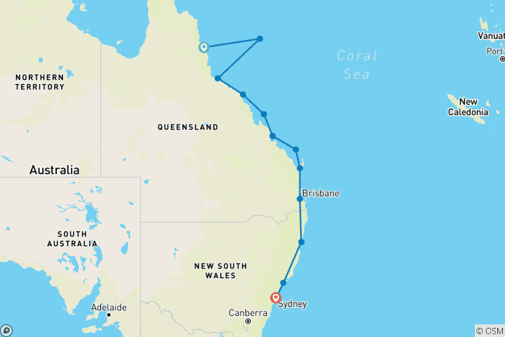 Map of Australia’s East Coast, Great Barrier Reef & Sydney - Cruise & Land Journey