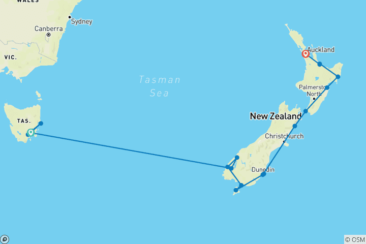 Map of Wonders of Hobart, Freycinet and New Zealand - Cruise & Land Journey