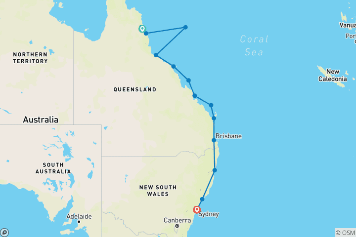 Carte du circuit Côte Est de l'Australie, Daintree et Grande Barrière de Corail - Croisière et voyage à terre