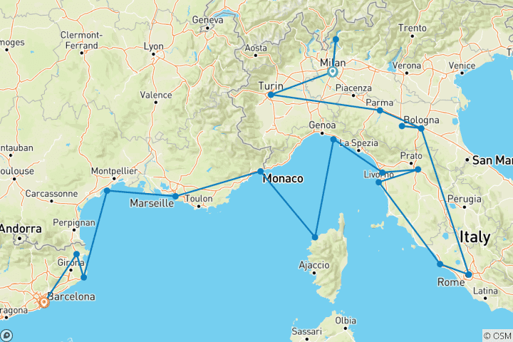 Mapa de Iconos de Italia y Rivieras Mediterráneas - Viaje en Crucero y por Tierra