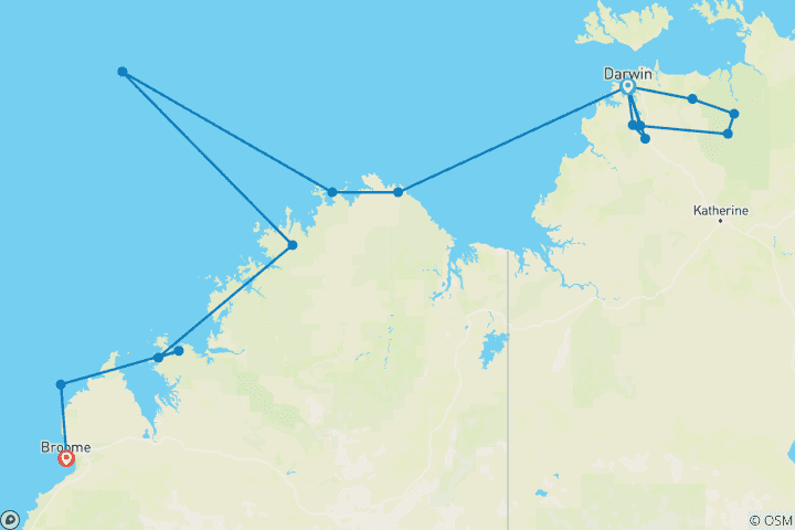 Map of Kimberley Coastline, Darwin & Kakadu - Cruise & Land Journey 2028 - 15 Days (from Ashmore Reef Marine Park to Broome)