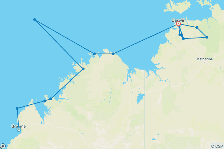 Map of Kimberley Coastline, Darwin & Kakadu - Cruise & Land Journey 2028 - 15 Days (from Ashmore Reef Marine Park to Darwin)