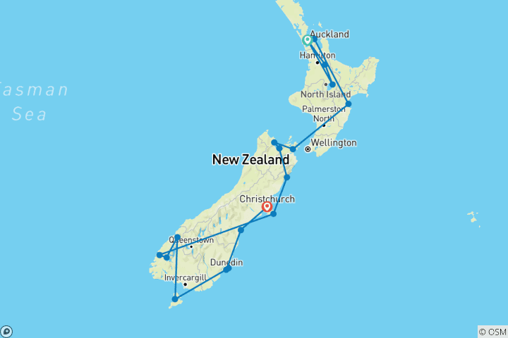 Map of Splendours of New Zealand with Auckland & Huka Lodge - Cruise & Land Journey