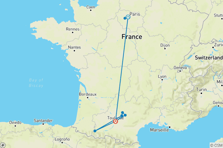 Map of 7 Days Paris, Toulouse & Lourdes Discovery