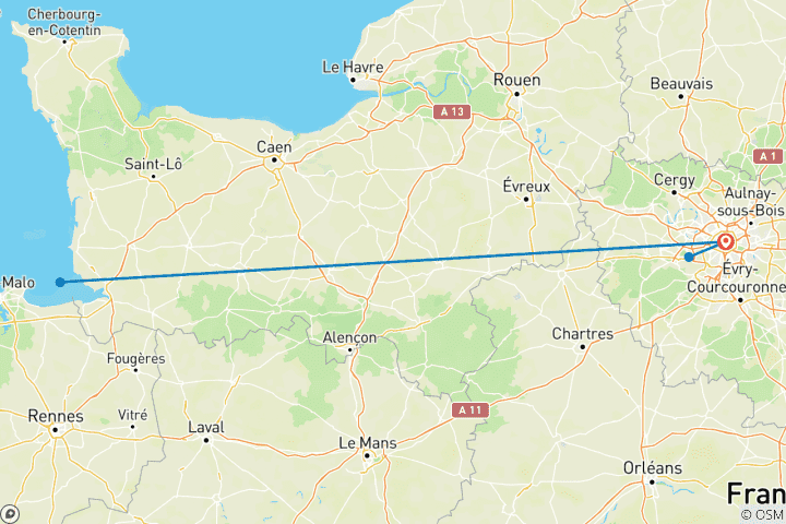 Map of 7 Days Paris & Mont Saint-Michel Experience