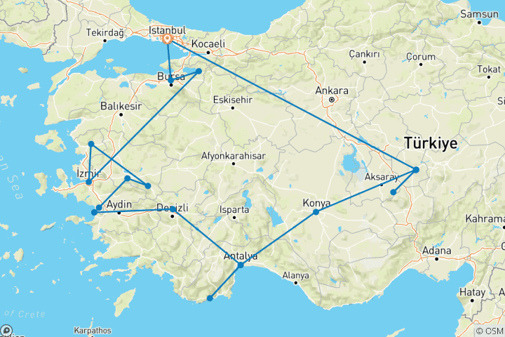 Carte du circuit Sites bibliques en Turquie - 12 nuits / 13 jours