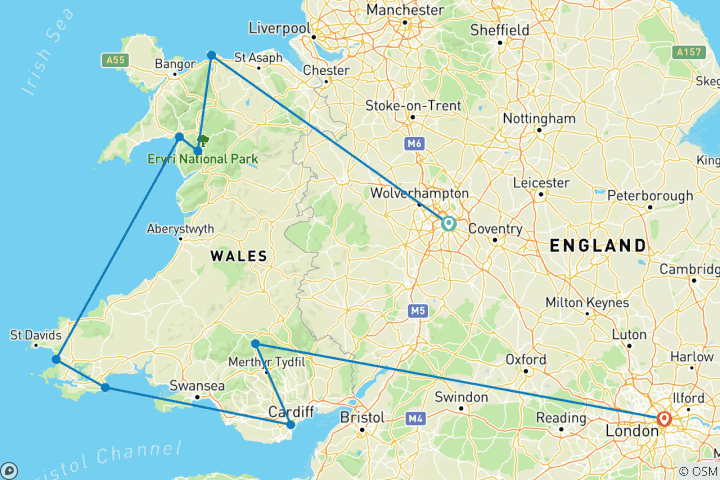 Carte du circuit Voyage au Pays de Galles en voiture de location : Côte, châteaux & culture