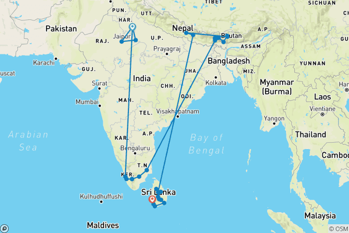 Karte von Indien, Nepal, Bhutan & Sri Lanka erleben