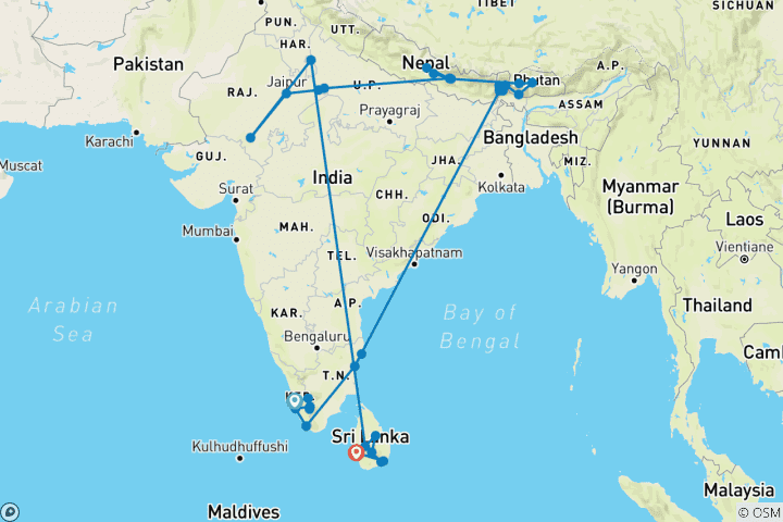 Kaart van Ervaar Zuid-Azië India, Bhutan, Nepal & Sri Lanka