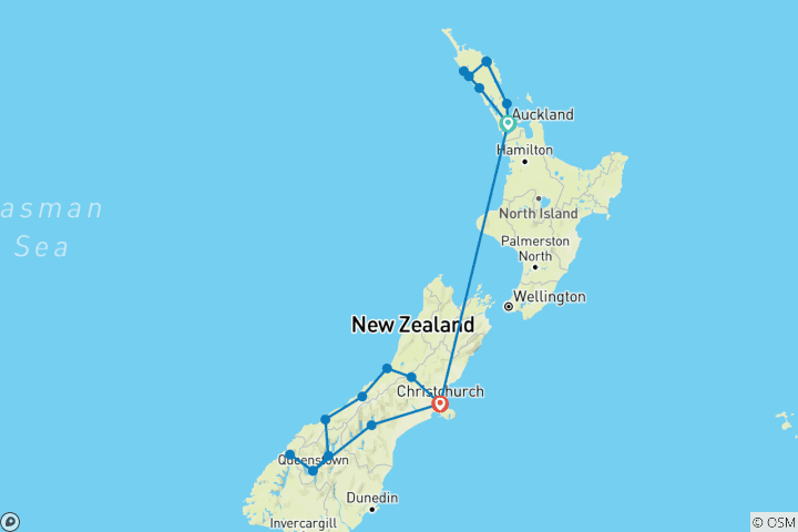 Carte du circuit Voyage du Cap au Fiordland