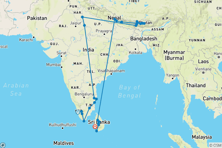 Karte von Episches Erlebnis Indien, Bhutan, Nepal & Sri Lanka