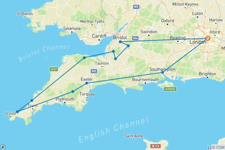 Carte du circuit Voyage en voiture de location en Angleterre : Côte Jurassique & Cornouailles