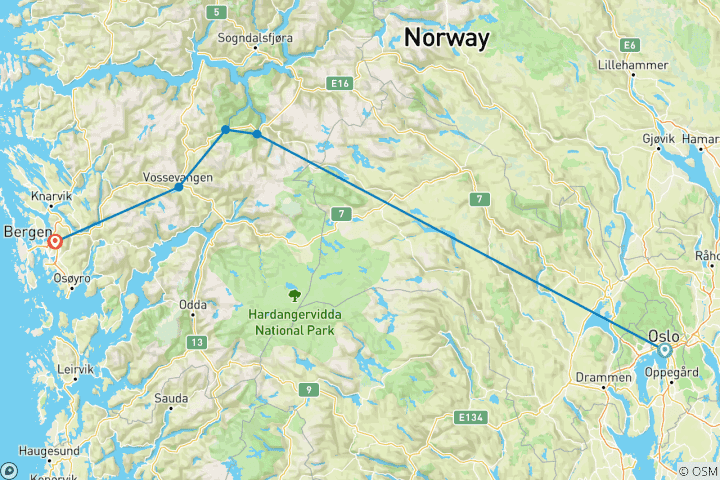 Carte du circuit Oslo à Bergen - La Norvège en un clin d'œil