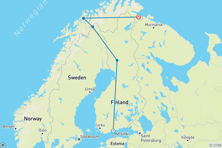 Map of Helsinki to Tromsø – Northern Lights Adventure