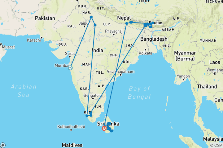 Kaart van Ontsnapping India, Bhutan, Nepal & Sri Lanka