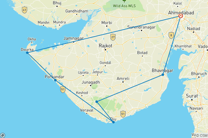 Map of Gujarat Highlights Tour: Temples, Wildlife & Coastal Wonders