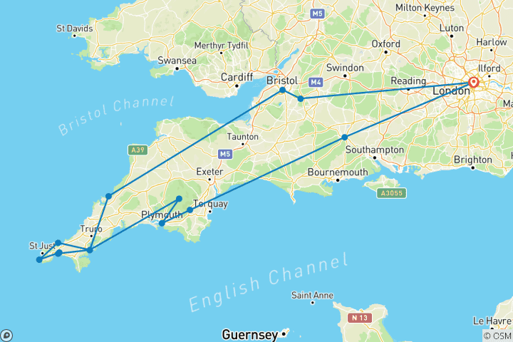 Carte du circuit Escapade dans le Devon et les Cornouailles - Petit groupe (Petits groupes)