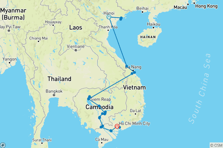 Carte du circuit Essence du Cambodge, du Vietnam et du Mékong de luxe 2027 - 22 jours