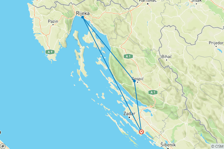 Karte von Von Biograd na Moru zur oberen Adriaküste und nach Zentralkroatien: 3-tägige Tour. Genießen Sie Senj, ein Küstenjuwel, das dramatische Berglandschaften wunderschön in sich vereint. Besuchen Sie Rijeka und Ogulin. Viel Geschichte, Architektur und sch…