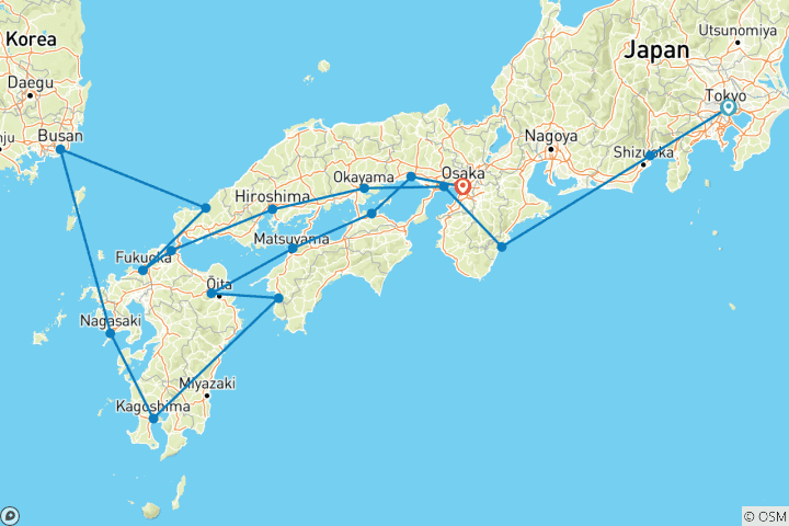 Carte du circuit Découvrez des villes emblématiques et des joyaux cachés : De Tokyo à Osaka