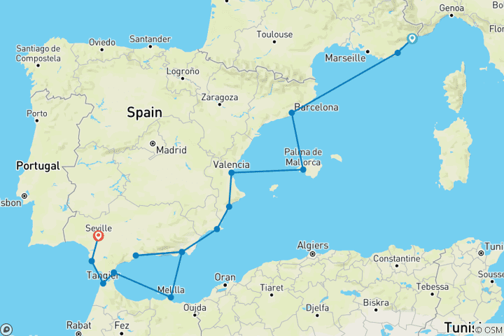 Carte du circuit Découvrez les joyaux de la Méditerranée : De Nice à Séville