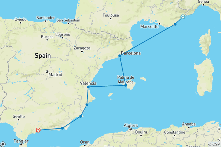 Carte du circuit De la Côte d'Azur à l'Andalousie