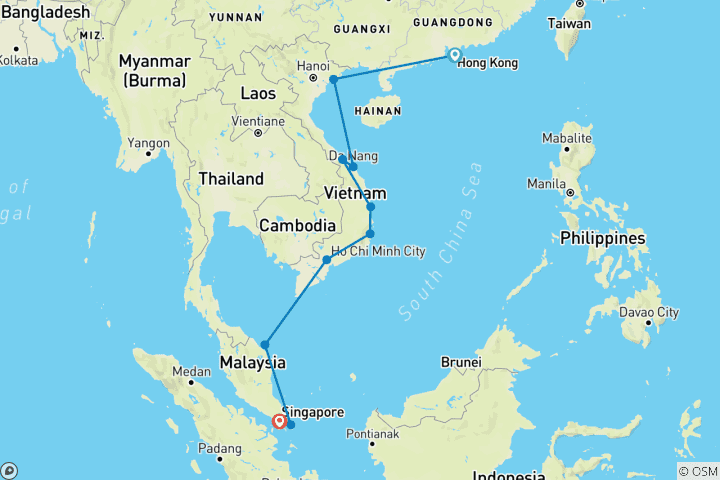 Kaart van Ontdek de culturen van China, Vietnam & Singapore