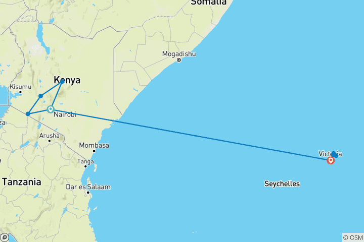 Kaart van Safari en de Seychellen - Cruise & Land reis 2028-2029