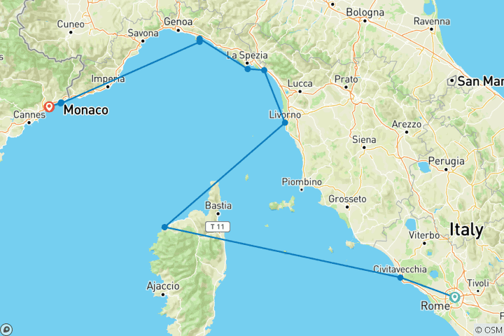 Map of Italian & French Rivieras with Corsica