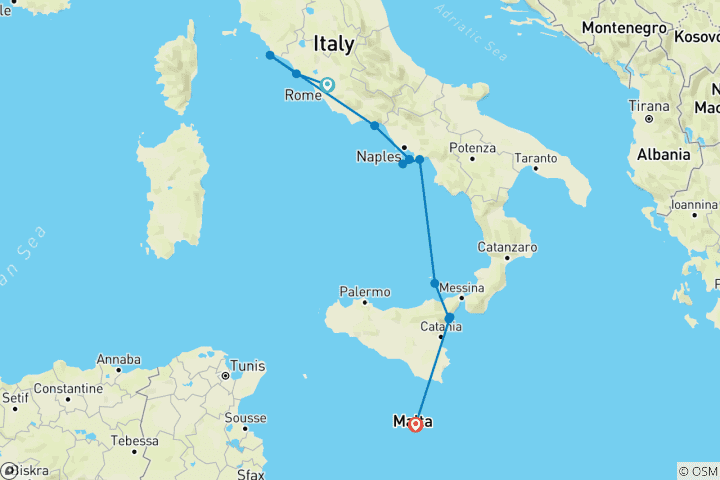 Carte du circuit Côte amalfitaine, Sicile et Malte 2028