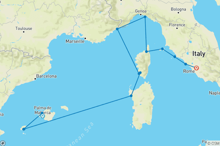 Mapa de Lo mejor del Mediterráneo: Cerdeña, Ibiza y la Costa Azul