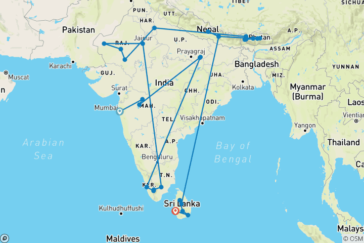Carte du circuit L'Inde, le Bhoutan, le Népal et le Sri Lanka hors du temps