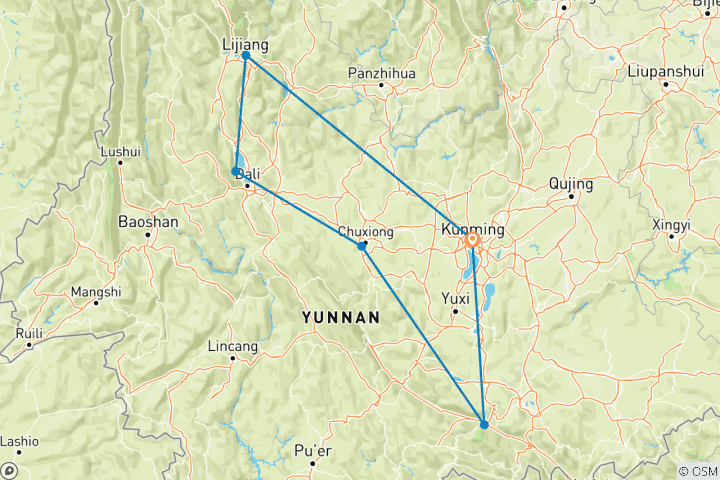 Kaart van China: Yunnan Natuurlijk - De route van China's mooiste landschappen - 8 dagen / 7 nachten