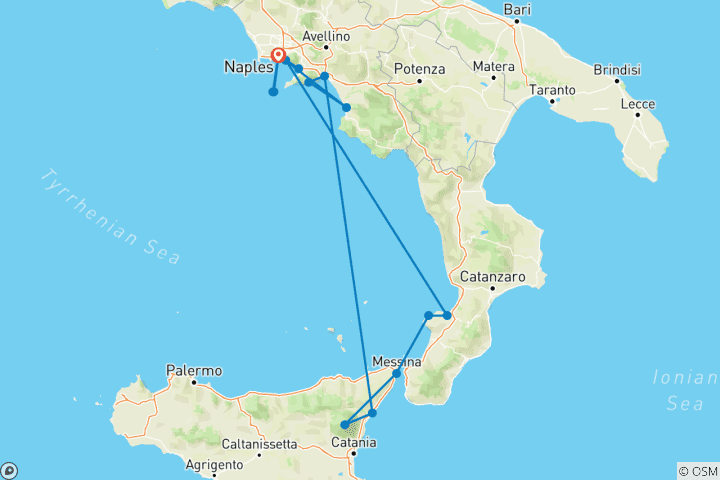 Carte du circuit Réveillon méditerranéen - Naples, la côte amalfitaine et la Sicile (forfait port à port)