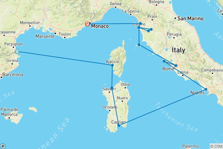 Kaart van Mediterrane kunst en pracht: Corsica, Sardinië en de geuren van Italië - Uitzonderlijke tussenstops van Napoleon tot de Medici: Rome, Pisa, Napels, Castelsardo en Ajaccio (haven-tot-haven pakket)