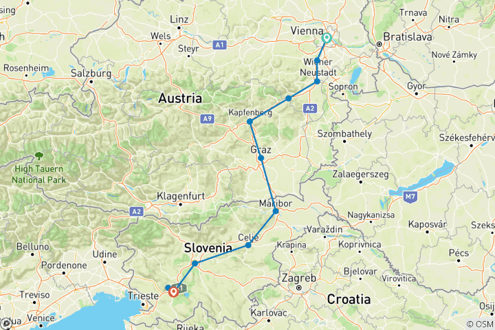 Karte von Mit dem Rad von der Hauptstadt Österreichs zu der Adria (10 Tage)