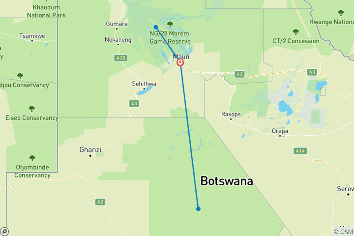Kaart van 7 Daagse Culturele en Wildernisreis naar de woestijn en delta van Botswana 2027