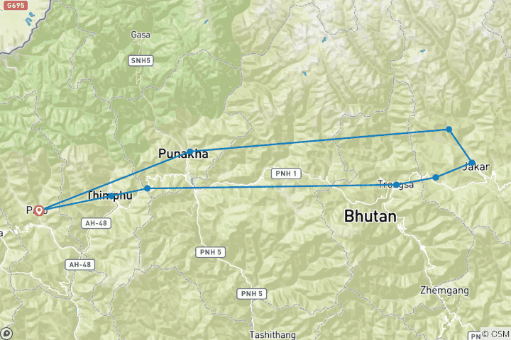 Map of Himalayan Camping Journey in Bhutan