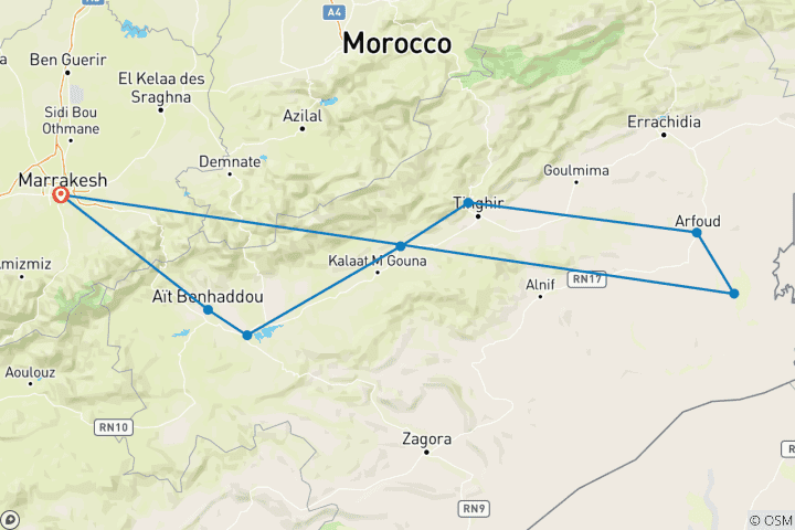 Map of Private 3-Day Sahara Desert Tour from Marrakech via the Atlas Mountains & Merzouga