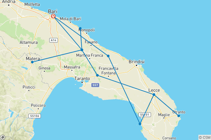 Mapa de Viaje por carretera por Apulia: las joyas costeras y culturales de Italia