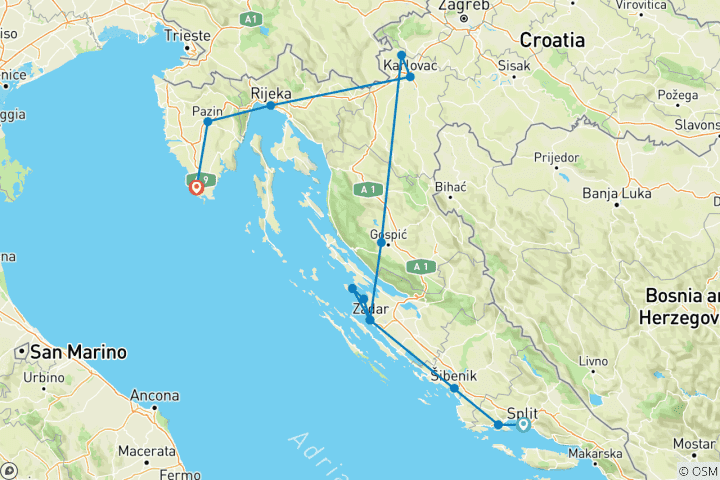 Carte du circuit De Split à Pula. Dalmatie centrale et septentrionale + Istrie : circuit de 9 jours. Les meilleures destinations de la côte adriatique ! Zadar, Sibenik, Split, Trogir et plus encore ! Sites de l'UNESCO. Anciennes villes fortifiées. Beaucoup de nature…