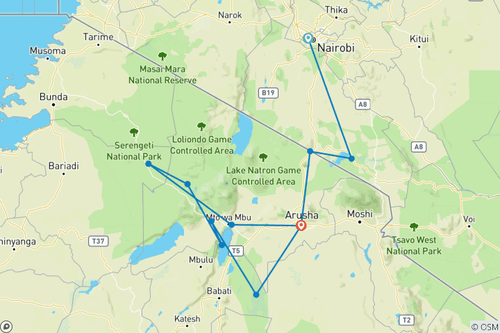 Map of Kenya & Tanzania: Amboseli, The Serengeti & Ngorongoro Crater