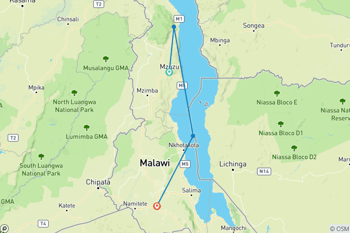 Mapa de Safari por la Fauna y los Lagos del Norte de Malawi | 7 Días de Aventura